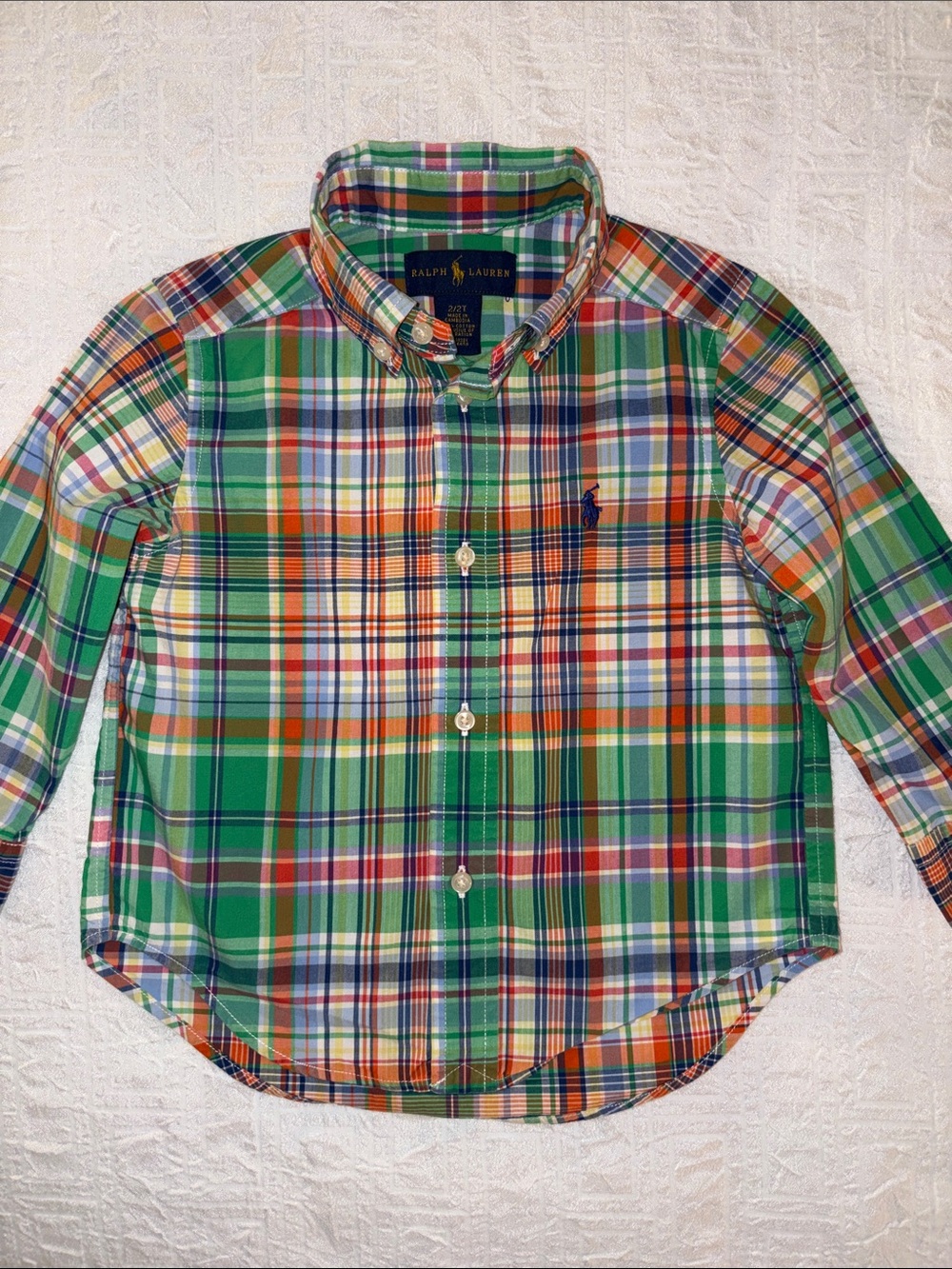 Polo by Ralph Lauren Green Orange Blue Plaid Button-Down Oxford Shirt Size 2/2T